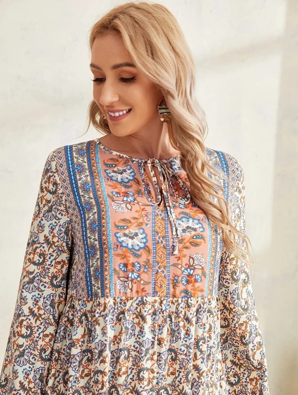 Boho Long-Sleeve Midi Dress in Rust and Cream Floral - Picture 2 of 8